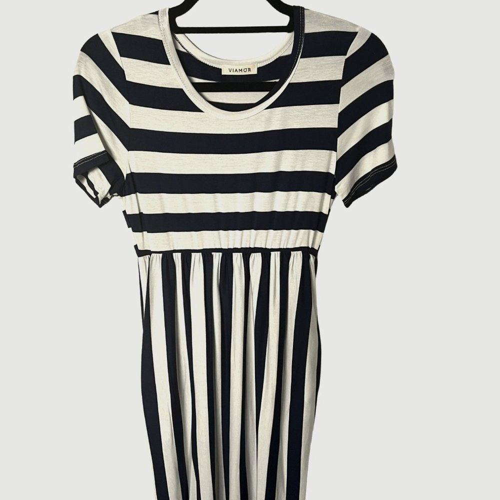 Navy Ivory Short Sleeve Stripe Midi Dress